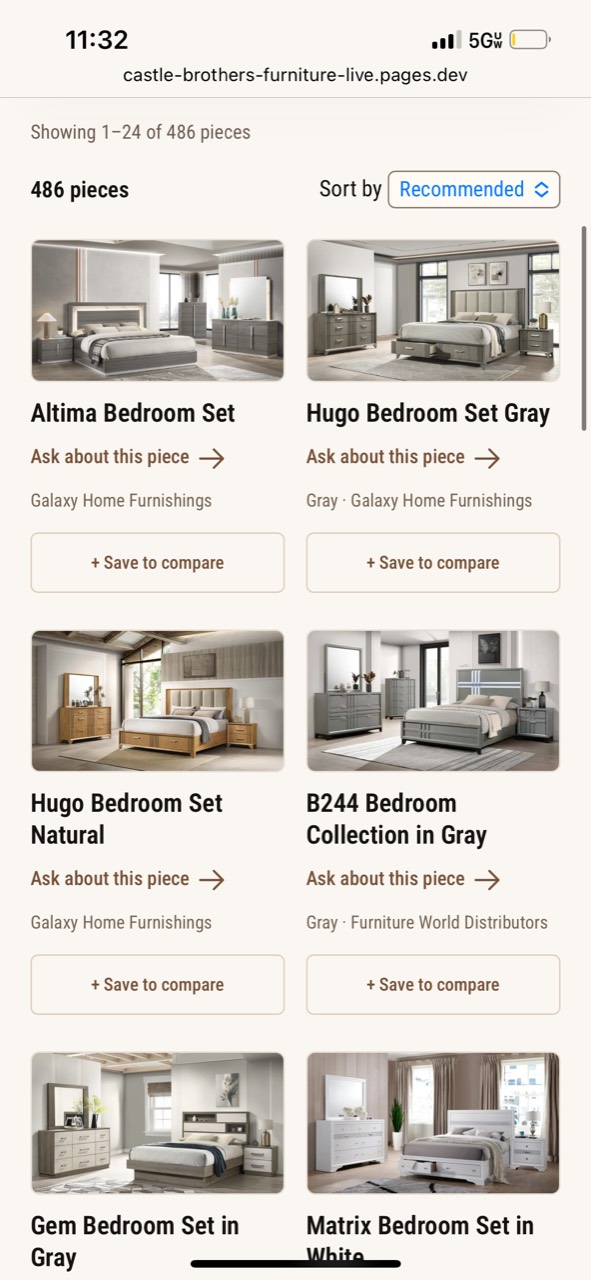 Castle Brothers furniture catalog on mobile