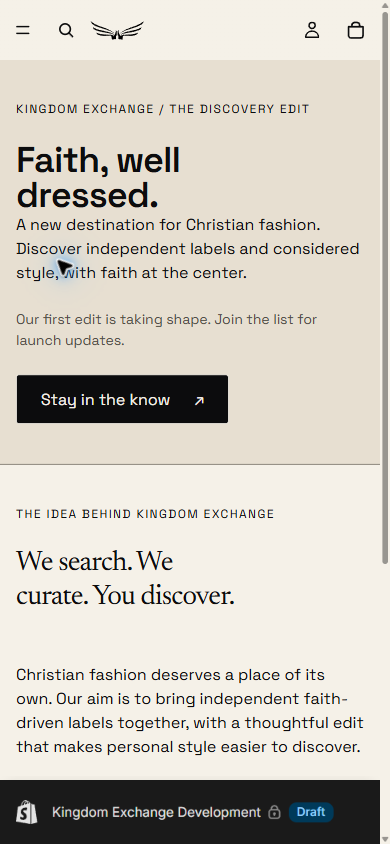 Kingdom Exchange unpublished development storefront on mobile