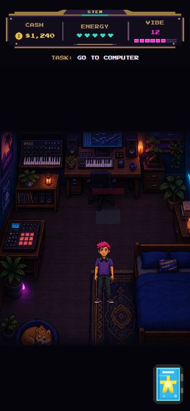 STEM Studio browser prototype showing the producer in a music studio and game HUD on a mobile viewport